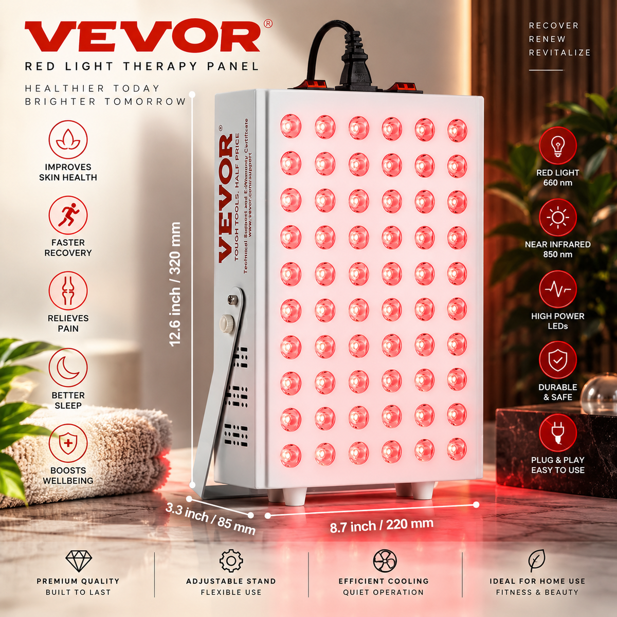 Succebuy Red Light Therapy for Body Face 60 Dual-Chip Leds Red 660Nm & 850Nm Combo High Power Red Light Therapy Panel