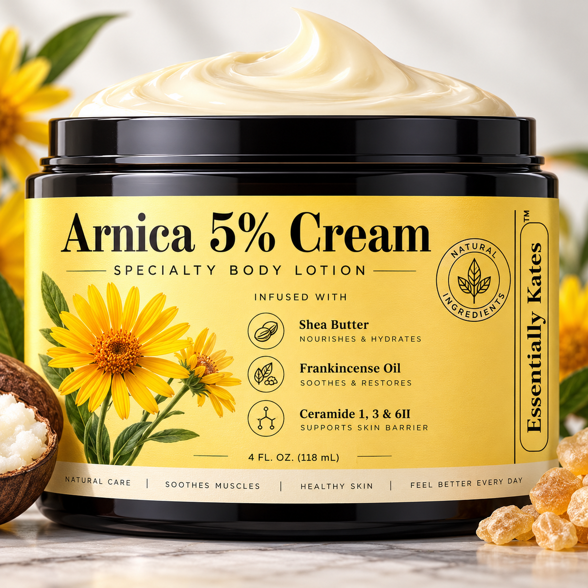 Arnica 5% Cream Lotion 4 Fl Oz – Frankincense Oil, Shea Butter, Ceramides 1, 3, 6II for Skin & Muscle Care