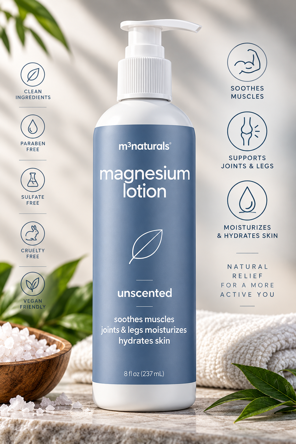 Unscented Magnesium Lotion for Sleep & Relaxation, 8 Fl Oz by M3