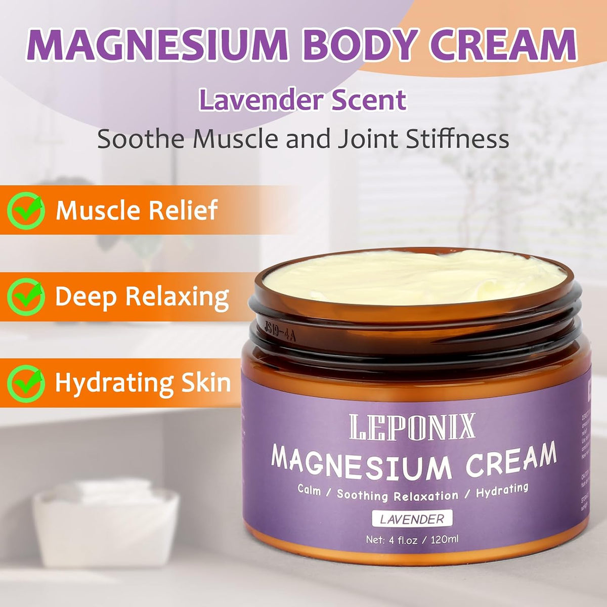 Magnesium Cream for Sleep & Muscle Recovery - Soothing Topical Magnesium Lotion for Leg Cramps, Joint Comfort, Pain Relief - Relaxing Magnesium Body Butter for Men Women Kids (120Ml, Lavender)